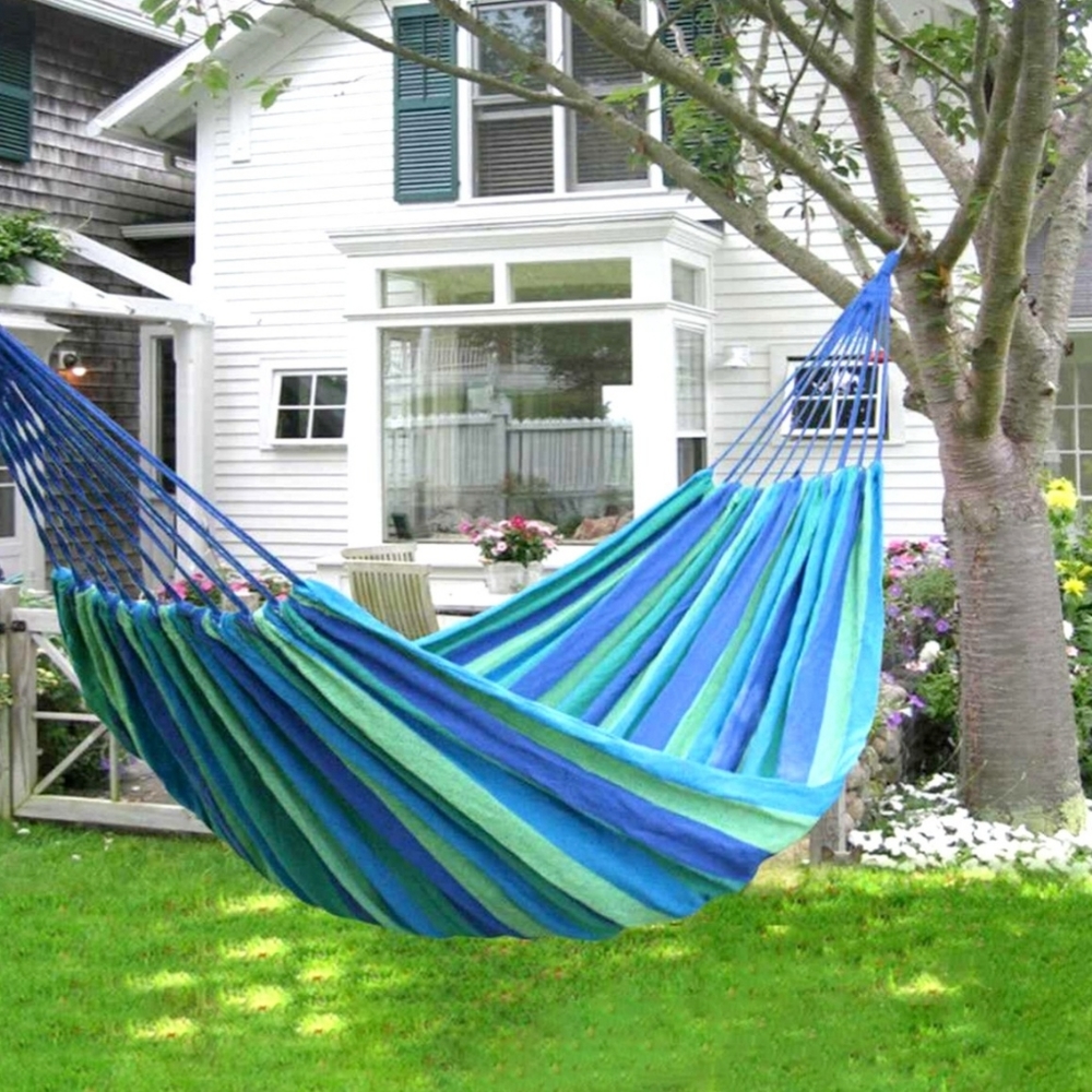 HOMESMART Indoor Outdoor Colorful Striped Canvas Camping Hammock-Blue (72.83"x31